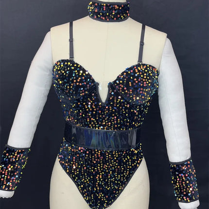 Sequined Rhinestone Bodysuit & Gogo Dance Performance Outfit