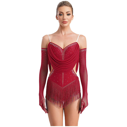 Sparkly Rhinestone & Tassel Fringe Dance Leotard with Gloves Two-Piece Stage Costume