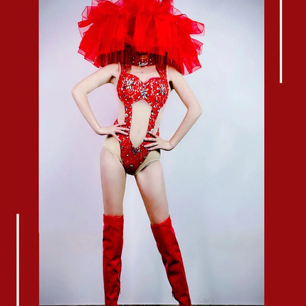 Hollow-Out Rhinestone Bodysuit & Feathered Layered Skirt Carnival Costume Set