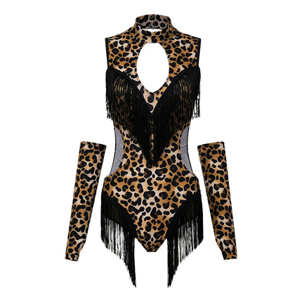 Leopard Cutout Bodysuit & Fringe Sleeves 2-Piece Latin Ballroom Stage Costume Set