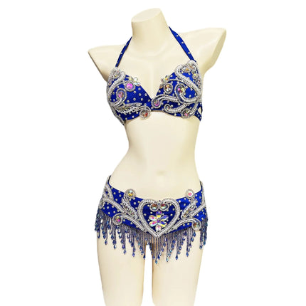 Sparkly Beaded Belly Dance Bra & Fringe Hip Belt Two-Piece Stage Costume Set