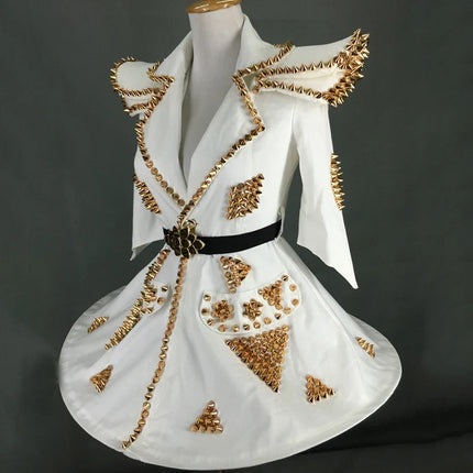 White Faux Leather Studded Stage Dress & Fluffy Skirt Pop Singer Costume Set