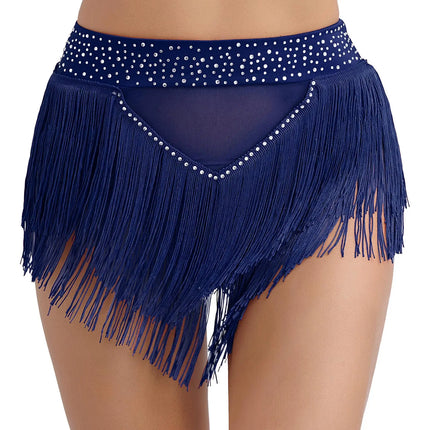 Rhinestone Tassel High-Waist Dance Shorts & Sheer Mesh Fringe Skirt