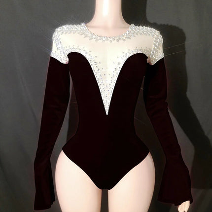 Sparkly Rhinestone Long-Sleeve Bodysuit Stage Performance Costume