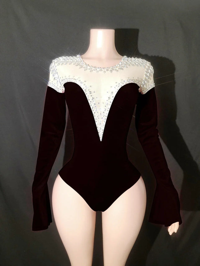 Sparkly Rhinestone Long-Sleeve Bodysuit Stage Performance Costume