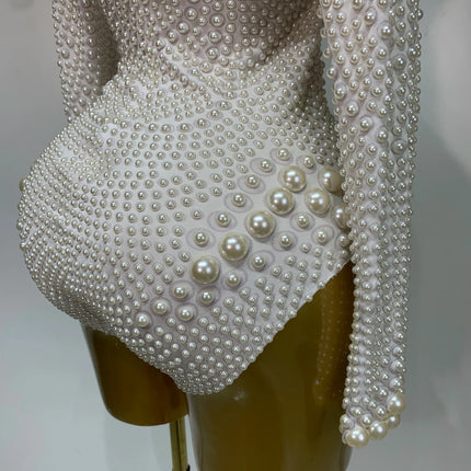 Luxury Pearl Long Sleeve Spandex Stretch Bodysuit Evening Stage Performance Costume