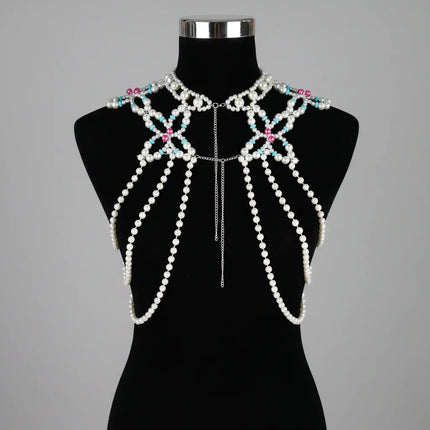 Dazzling Simulated Pearl String Bra Chain & Bikini Shawl Chest Jewelry