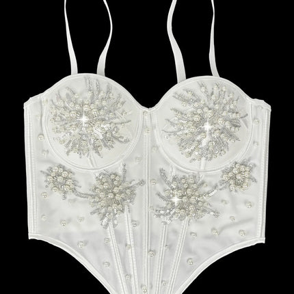 Pearl & Sequin Embroidered Floral Bustier Corset Top Asymmetric Camisole Bralette