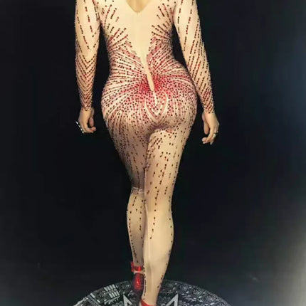 Crimson Red Rhinestone Catsuit Long Sleeve Illusion Stage Performance Jumpsuit