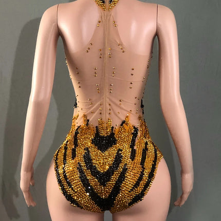Sparkly Rhinestone Transparent Mesh Bodysuit Stage Performance Costume