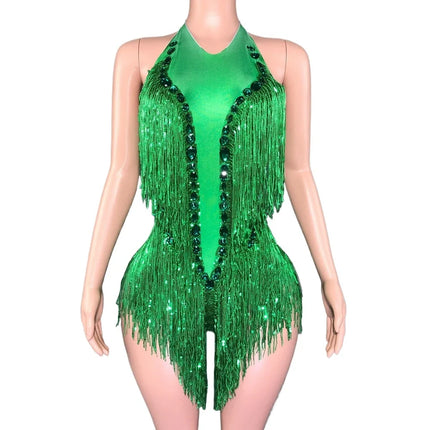 Sparkly Emerald Green Rhinestone Sequin Fringe Bodysuit Backless Stage Leotard