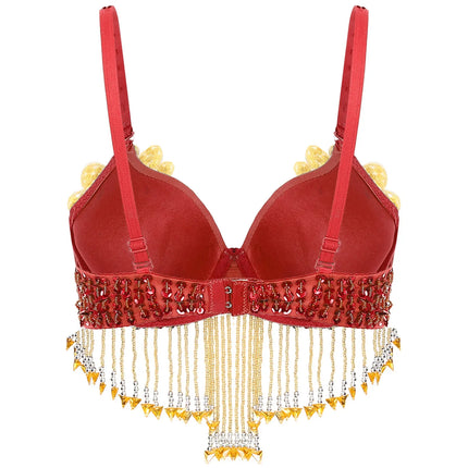 Sparkly Floral Beaded Sequin Belly Dance Bra & Tassel Performance Top