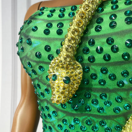 Emerald Snake Rhinestone Illusion Strapless Gown Sculpted Serpent Floor-Length Evening Dress