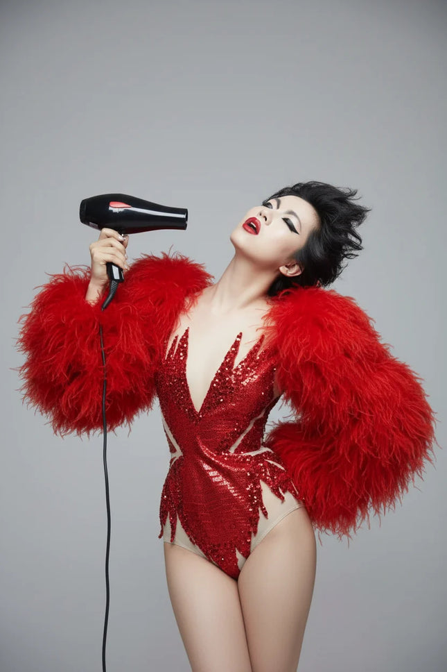 Sultry Red Feather Showgirl Bodysuit & Stage Costume Set