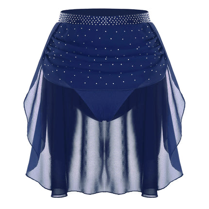 Womens Modern Lyrical Dance Skirt Performance Costume Sparkly Rhinestone Irregular Chiffon Hem Built-in Briefs Skirt Dancewear