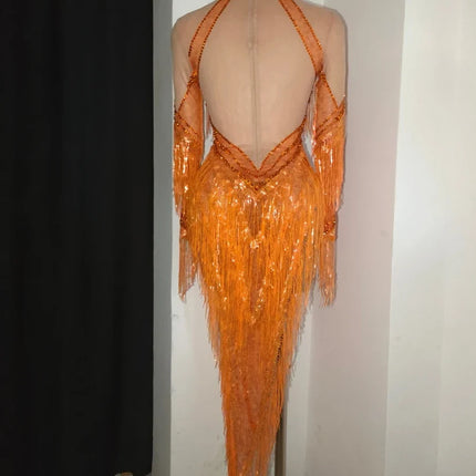 Orange Sparkly Crystal Fringe Bodysuit Off-Shoulder Stage Performance Costume Leotard