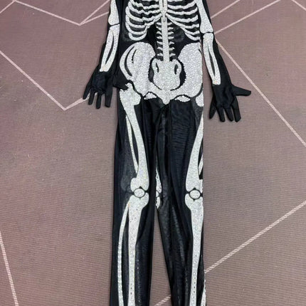 Rhinestone Skeleton Monster Cosplay Jumpsuit & Halloween Stage Dance Romper
