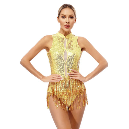 Glitter Sequin Fringe Latin Dance Leotard & Backless Performance Bodysuit