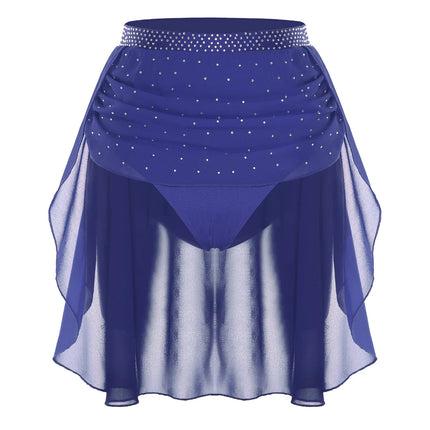 Womens Modern Lyrical Dance Skirt Performance Costume Sparkly Rhinestone Irregular Chiffon Hem Built-in Briefs Skirt Dancewear
