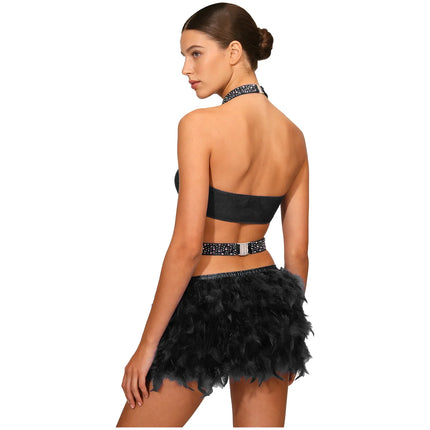Glittery Rhinestone & Faux Feather Latin Dance Leotard Halter Bodysuit