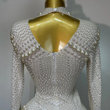 Luxury Pearl Long Sleeve Spandex Stretch Bodysuit Evening Stage Performance Costume
