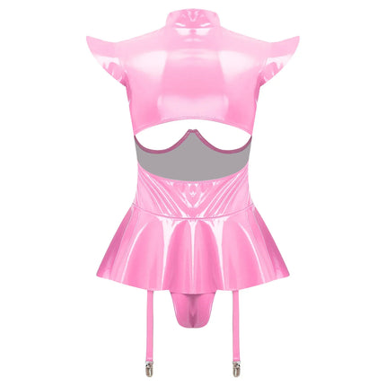 Glossy Wet-Look Halter Romper Bodysuit with Flared Skirt Hem & Integrated Garters