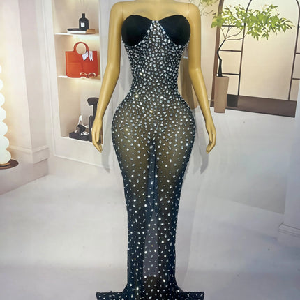 Silver Rhinestone Sheer Mesh Tube Evening Gown Stage Ball Dress