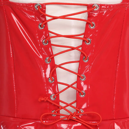 Glossy Wet-Look Halter Romper Bodysuit with Flared Skirt Hem & Integrated Garters