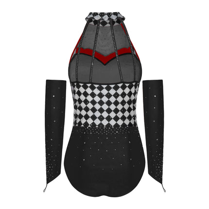 Queen of Hearts Rhinestone Halter Bodysuit & Sleeves Checkered Circus Stage Costume Set