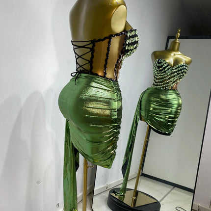 Rhinestone Tube Bustier Corset Top & Bronzing Mini Skirt 2-Piece Performance Set