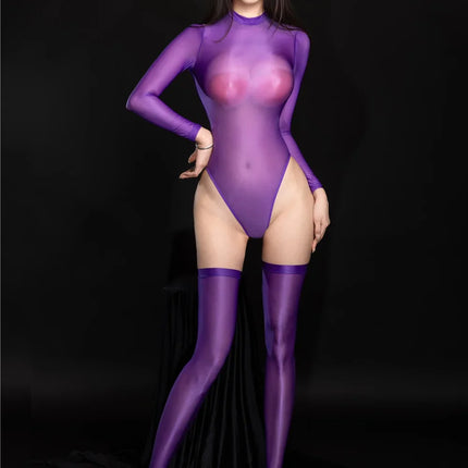 Oil Glossy High-Cut Open Crotch Shaping Bodysuit & Matching Stockings Set