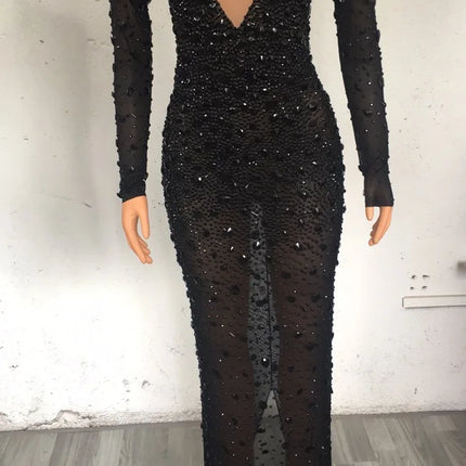 Sparkling Full Crystal Illusion Jumpsuit Long Sleeve Rhinestone Catsuit Stage Wear