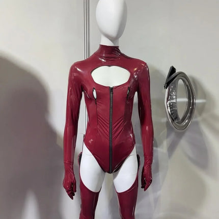 Faux Latex PU Leather Hollow-Out Breast Zipper Bodysuit & Stockings Set