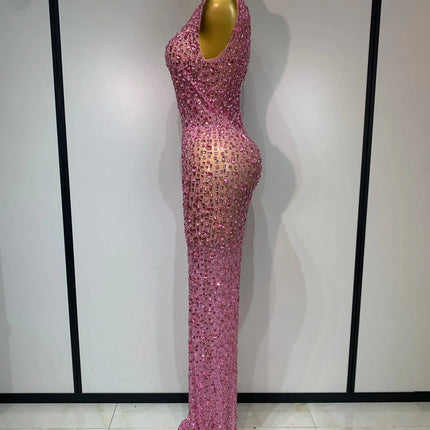 Sparkly Rhinestone Sleeveless Maxi Long Dress See-Through Sheer Mesh Stage Outfit