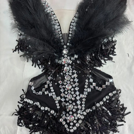 Sparkly Rhinestone Sequin Feather Bodysuit Showgirl Stage Performance Leotard