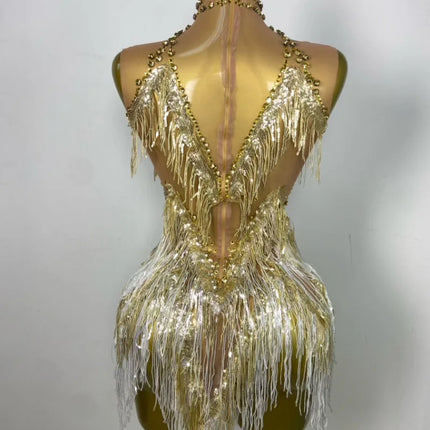 Sparkly Rhinestone & Tassel Fringe Latin Dance Mini Dress Stage Costume