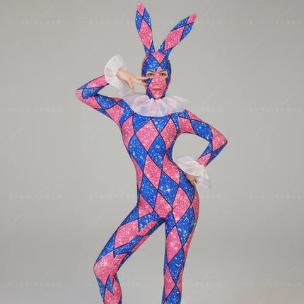 Futuristic Geometric Rhinestone Bunny Bodysuit – Luxury Showgirl Stage Costume & Exotic Festival Leotard with Statement Collar