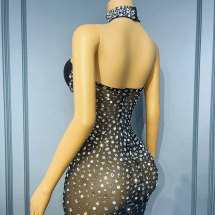 Silver Rhinestone Sheer Mesh Tube Evening Gown Stage Ball Dress