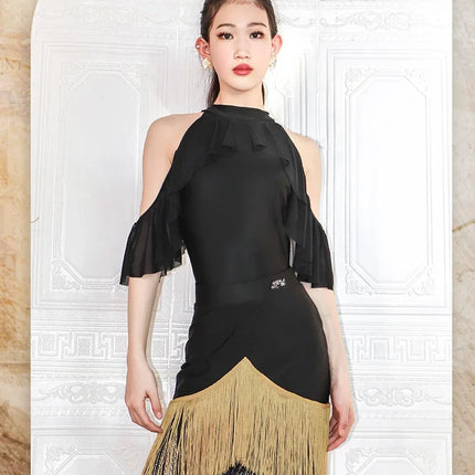 Black High-Neck Short-Sleeve Bodysuit & Gold Fringe Skirt Latin Dance Costume Set