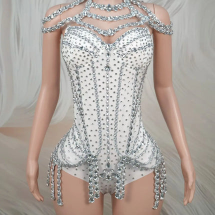 Sparkly Rhinestone Tassel Spandex Bodysuit Halter Dance Stage Costume Leotard