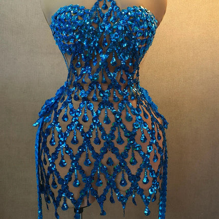 Sparkly Crystals & Sequins Mesh Halter Dress