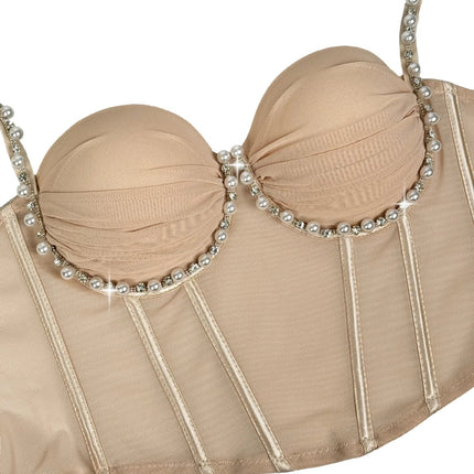 Pearl & Rhinestone Embroidered Bustier Corset Crop Top High Street Bralette