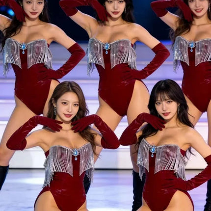 Luxury Wine Red Off Shoulder Dance Bodysuit Silver Tassel Trim Long Burgundy Gloves Outfit Nightclub Stage Performance Costume