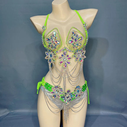 Handmade Samba Carnival Crystal Wire Bra, Panty & Belt 3-Piece Costume Set