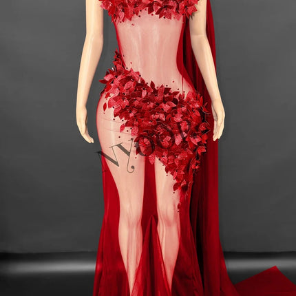 Sheer Rhinestone Applique Evening Gown Long Tail Showgirl Stage Performance Dress