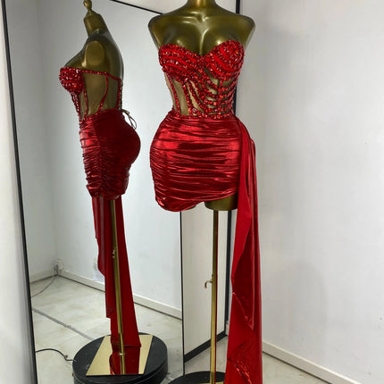 Rhinestone Tube Bustier Corset Top & Bronzing Mini Skirt 2-Piece Performance Set