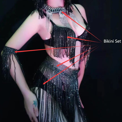 Luxury Crystal Tassel Bikini & Wig Performance Set – Premium Showgirl Stage Costume for GoGo Dancers, Nightclub DJs & Rave Outfits