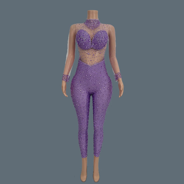 Sparkly Crystal Mesh Sheer Illusion Jumpsuit Stage Catsuit Costume