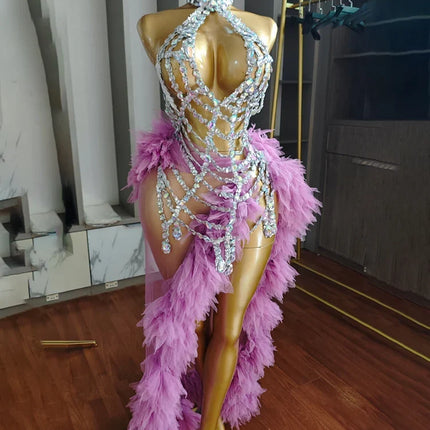 Purple Spiderweb Rhinestone Halter Bodysuit & Trailing Ruffle Tulle Skirt 2-Piece Stage Costume Set
