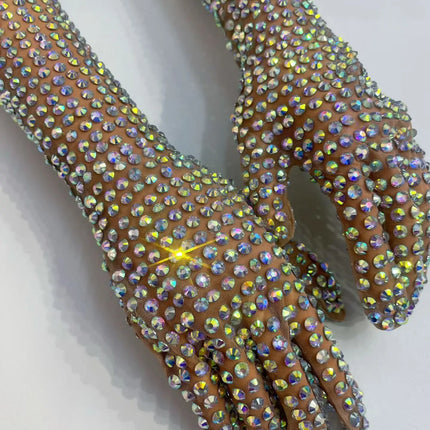 AB Rhinestone Sheer Mesh Long Opera Gloves Stage Performance Costume Accessory